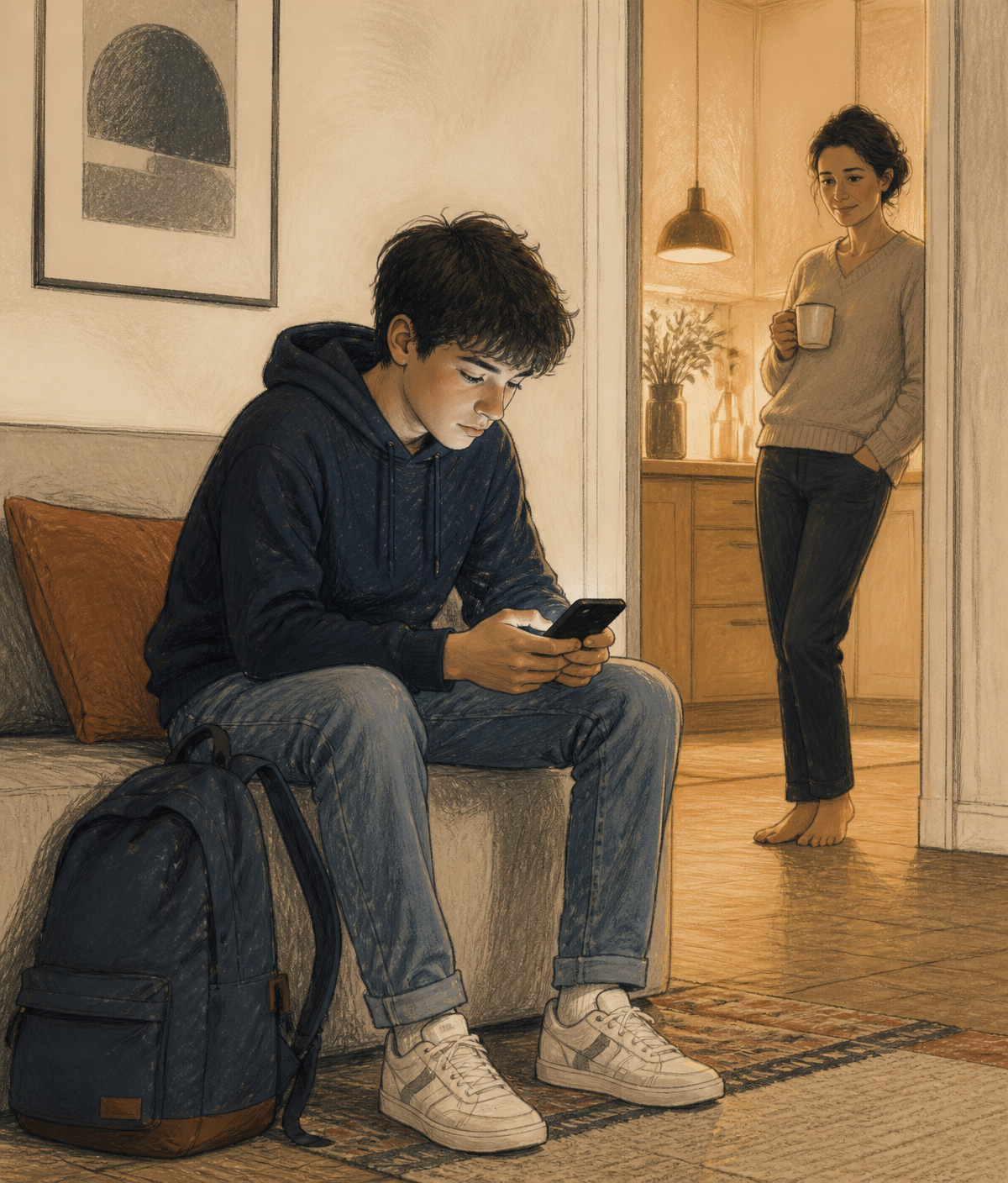Un collégien absorbé par son téléphone à son retour de l’école, un parent en retrait dans la cuisine