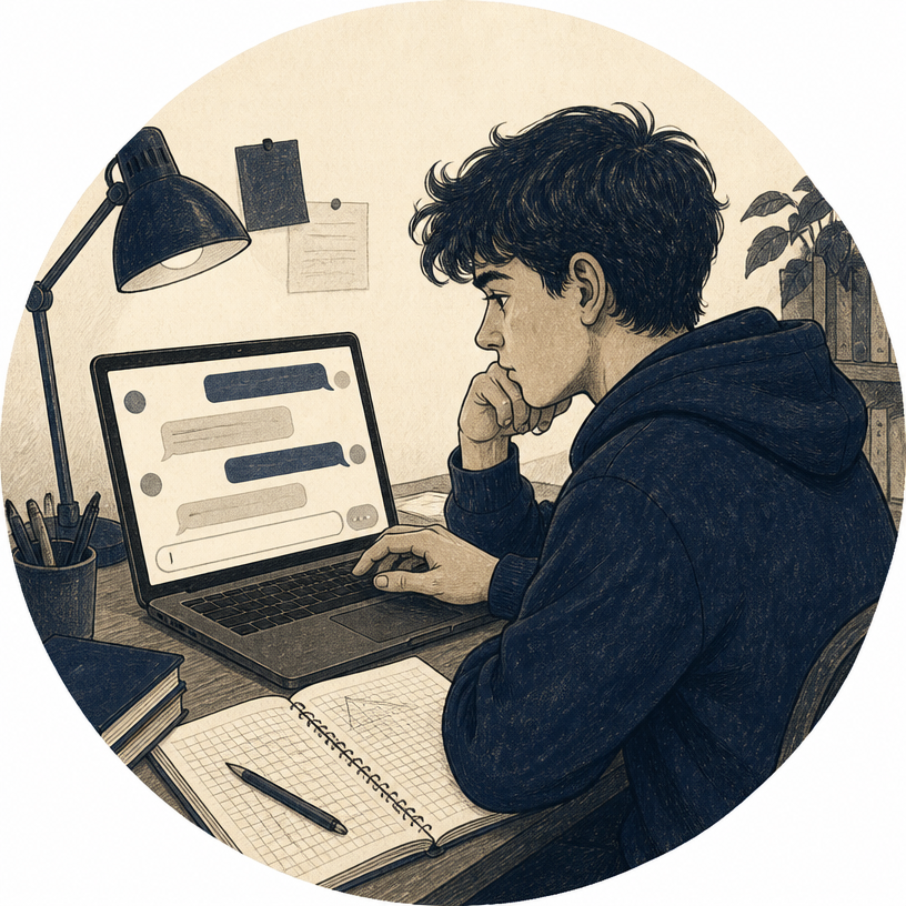 Un adolescent devant un cahier et un ordinateur affichant une interface de conversation générique