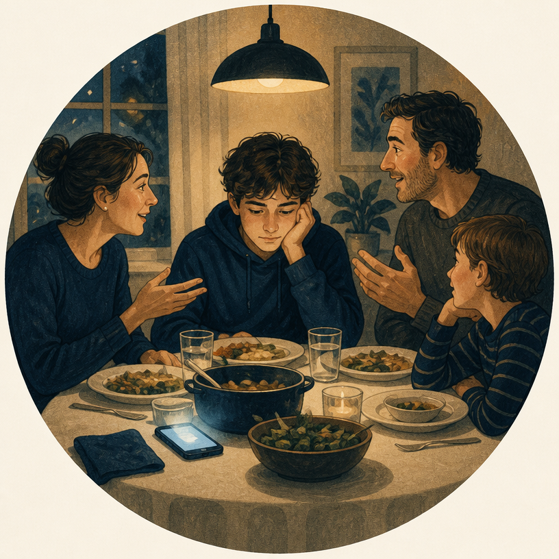 Un adolescent à table en famille, le regard attiré par son téléphone posé près de son assiette