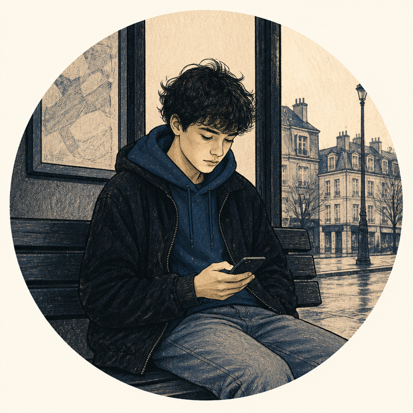 Un adolescent assis sur un banc, absorbé par son téléphone